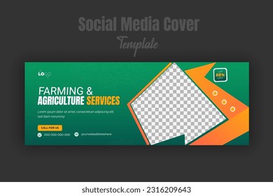 Farming and agriculture services for social media cover or post design template, modern lawn mower, Organic gardening, or landscaping with green gradient background and abstract yellow color shape