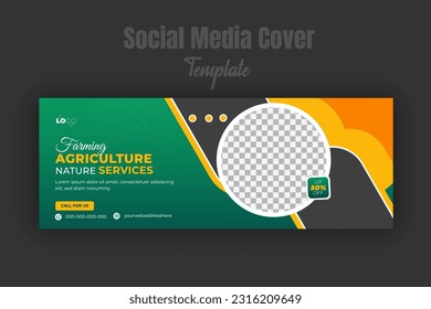 Farming and agriculture services for social media cover or post design template, modern lawn mower, Organic gardening, or landscaping with green gradient background and abstract yellow color shape