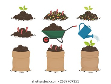 Farming and agriculture set. Soil with young plant, worms, compost. Soil in bags and wheelbarrow.