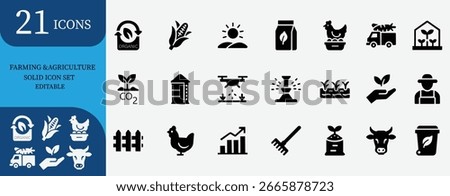 Farming and agriculture solid icon set with farmer, crop, barn, greenhouse, irrigation, organic food, livestock, harvest, sustainable farming.