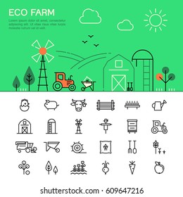 Farming and agriculture thin line icons. 
Harvester, tractor, farm buildings, farming equipment, animals and plants. Web template.