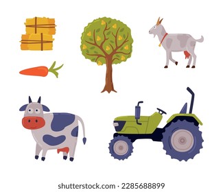 Farming and Agriculture with Tractor, Cow, Goat, Tree ad Hay Vector Set