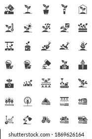 Bauernhof Landwirtschaft Vektorsymbole Set, moderne solide Symbolsammlung, gefüllte Piktogrammpackung. Zeichen, Logo-Illustration. Set enthält Symbole wie kombinierter Erntemaschinen-Traktor, Feldbewässerung 