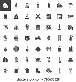 Farming and agriculture vector icons set, modern solid symbol collection, filled pictogram pack. Signs, logo illustration. Set includes icons as agriculture equipment, glove, shovel, rake