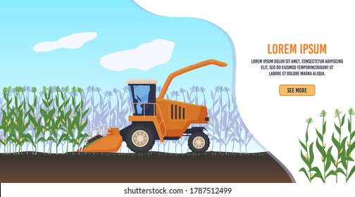 Farming agriculture vector illustration. Cartoon flat agricultural agrarian tractor or farmers combine harvester working, harvesting organic corn in farmland cornfield landscape, eco agronomy banner
