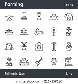 Farming and Agriculture vector line icon set. Contains linear outline icons like Barn, Field, Tractor, Farm, Corn, Windmill, Leaf, Cow, Grain, Sun, Harvest. Editable use and stroke for Web.