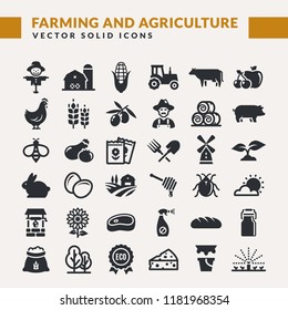 Farming and agriculture web icon set. Vector isolated farm and countryside symbols: cereal crop, fruits, vegetables, natural dairy products, fresh meal, animals, plants, tools, equipment, buildings.