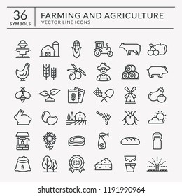 Farming And Agriculture Web Line Icon Set. Vector Isolated Farm And Countryside Outline Symbols: Cereal Crop, Fruits, Vegetables, Natural Dairy Products, Fresh Meal, Animals, Plants, Tools, Equipment.