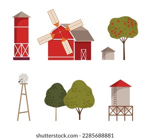 Farming and Agriculture with Windmill, Fruit Tree and Water Tower Vector Set