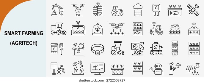 “smart farming and agritech automation thin line icons set, vector”