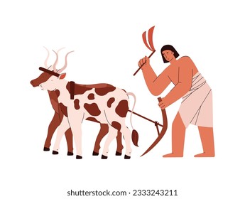 Farming ancient egyptian working with whip plows the land with cows. People from old Egypt, agriculture and gathering culture. Cartoon Egyptian farmer vector illustration isolated on white