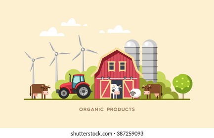 Farming background with barn, windmill, tractor, cows and sheep. Organic products, farm fresh products concept. Vector illustration.