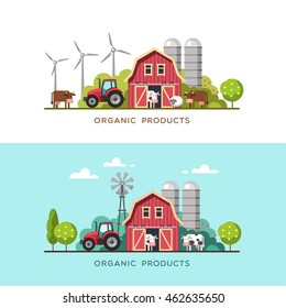 Farming background with barn, windmill, tractor, cows and sheep.  Organic products, farm fresh products concept. Vector illustration in flat style.