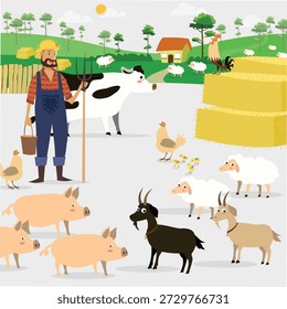 Fundo de agricultura com fazendeiro, gado e aves ícones de desenhos animados coloridos