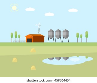Farming background flat design of granary, barn and lake. Vector illustration.
