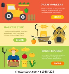 Farming Banner Card Horizontal Set Elements and Equipment Agriculture Work Tools Flat Design Style. Vector illustration