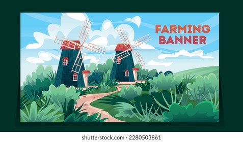 El concepto de pancarta agrícola. Camino de hierba a molinos de viento. Aldea, paisaje rural y agricultura. Las vistas de primavera o verano. Colinas verdes y campos con viejos molinos de viento. Dibujo vectorial plano de dibujos animados