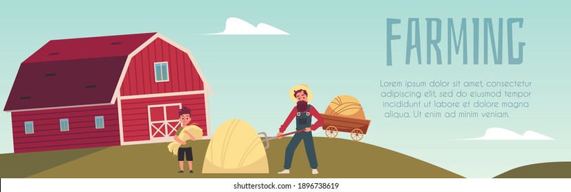 Farming banner or flyer concept with farmer working at countryside background. Design for farm and food production small local business, flat vector illustration.