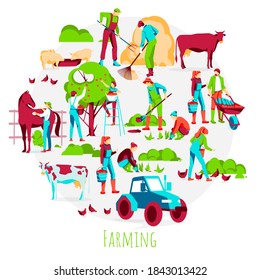Farming banner template. Farmers working and harvesting in garden, taking care of animals. Organic gardening, eco farming and agriculture concept flat vector illustration
