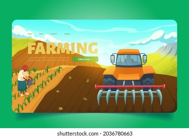 Bauernbanner mit Traktor mit Pflug auf dem landwirtschaftlichen Feld. Vektorlandungsseite von Agrar- und Bauernhof arbeitet mit Cartoon-Illustration von Frauen, die Pflanzen bewässern und maschinell pflügen Boden