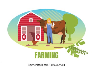 Farming Banner. Woman in Overall Holding Milk Bottle near Cow on Barn Background. Natural Dairy Farmer Agriculture Production, Farm Rancher Girl Working on Animal Farm Cartoon Flat Vector Illustration