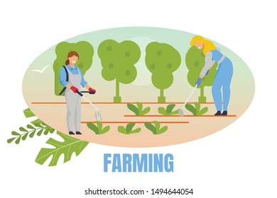 Farming Banner. Women Gardeners Planting and Caring of Plants Spraying Chemicals Fertilizers and Weeding Garden Bed. Farmer Growing Herbs on Farm. Cartoon Flat Vector Illustration, Horizontal Banner