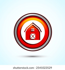 Farming Barn Icon Design Illustration, Farm and Agriculture Barn Sign, Orange Color Round Button Design