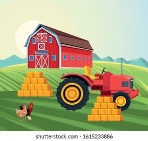 farming barn traactor stacked hay hen chicken and rooster field vector illustration