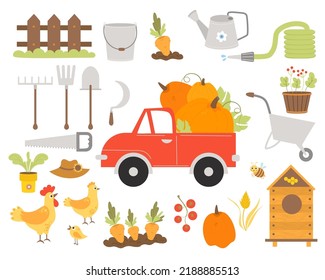 Farming big collection. Pumpkin truck, garden tools, rooster and hen, beehive and bee, carrot patch, wooden fence, straw hat and pumpkin, tomatoes and grains. Vector illustration. isolated elements