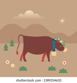 Farming brown cow flat hand drawn vector color character on meadow. Farm dairy domestic cattle mammal with cowbell grazing farmland grass. Milk cow in Alps mountain Scandinavian cartoon illustration