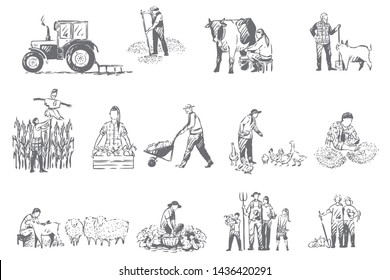 Farming business, rural economy concept sketch. Farmer lifestyle, livestock breeding, seasonal harvest collecting, food and cereals growth, farm chores, husbandry set. Isolated vector illustration