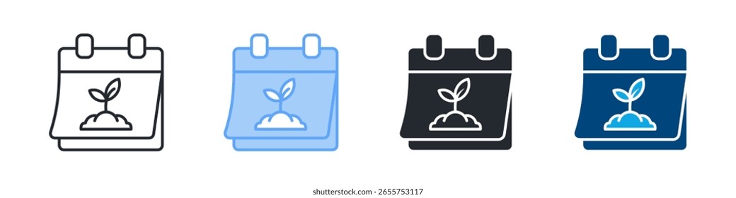 Conjunto de iconos de calendario agrícola de varios estilos. Diseñado en el contorno, azul, glifo, tono dual