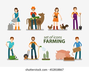 Farming and cattle breeding set of icons. People at work on the farm. Vector illustration