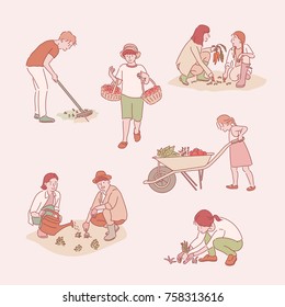 farming character hand drawn illustrations. vector doodle design 