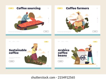 Farming coffee production stages concept of template landing pages set with farmers picking, loading, drying and roasting coffee beans on farm. Cartoon flat vector illustration