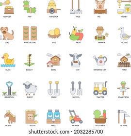 Farming color collection flat vector icon set