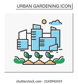 Farming color icon. Agriculture fields in the city. Seedling containers, seedbeds. Eco city. Earth day. Urban gardening concept. Isolated vector illustration