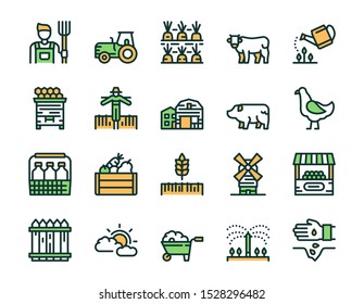 Farming color linear icons set. Organic agriculture thin line illustrations. Livestock, dairy farming and horticulture isolated outline drawings collection. Eco produce. Agronomy contour symbols