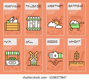 Farming color linear icons set. Organic agriculture thin line illustrations. Livestock, dairy farming and horticulture isolated outline drawings collection. Eco produce. Agronomy contour symbols