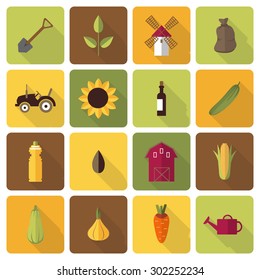 Farming colorful flat design icons set with long shadows. Template elements for web and mobile applications