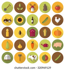 Farming colorful flat design icons set with long shadows. Template elements for web and mobile applications