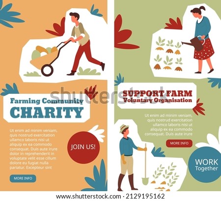 Farming community charity, support farm voluntary organization by giving donation. People working by field, watering seedlings and shoveling, harvesting and planting, join us. Vector in flat style