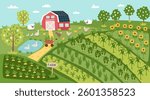 Farming concept background. Gardening banner. Seedbeds with plants and farmhouse with livestock. Vector flat illustration.	