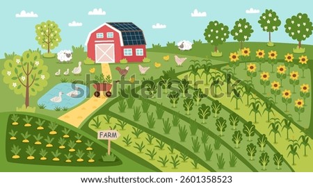 Farming concept background. Gardening banner. Seedbeds with plants and farmhouse with livestock. Vector flat illustration.	