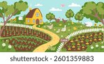 Farming concept background. Gardening nature banner. Farmhouse, planted plants and livestock. Vector illustration in flat style.	
