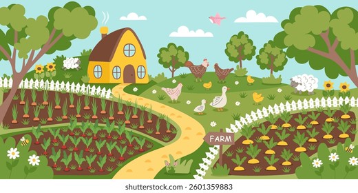 Farming concept background. Gardening nature banner. Farmhouse, planted plants and livestock. Vector illustration in flat style.	