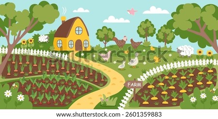 Farming concept background. Gardening nature banner. Farmhouse, planted plants and livestock. Vector illustration in flat style.	