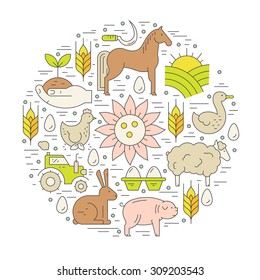 Farming concept with diffirent agricultural symbols including horse, tractor, wheat made in vector. Perfect organic products banner or flyer.