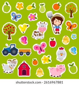 Farming in the country sticker set with farm animals and a farmer boy child. Cartoon farm animals and plants sticker, planner and scrapbook. Cute funny sticker sheet for kids. Vector Illustration set