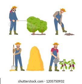 Farming cultivation and people vector. Spraying man with sprayer, farmer holding spade and digging soil. Hayfork held by male, watering of aubergines